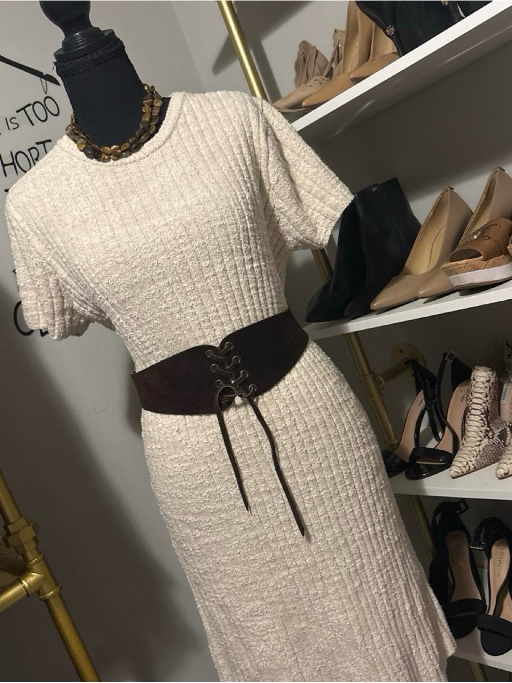 a new day Cream Ribbed Knit Short-Sleeve Midi Dress with Brown Corset Belt